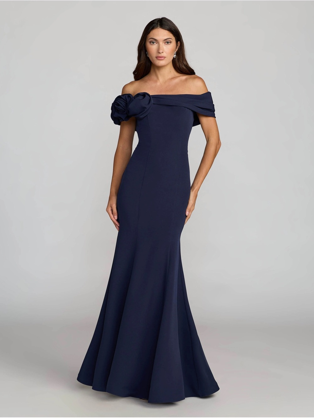 Off-the-Shoulder Navy Evening Gown with Rosette Detail Mac Duggal 21104